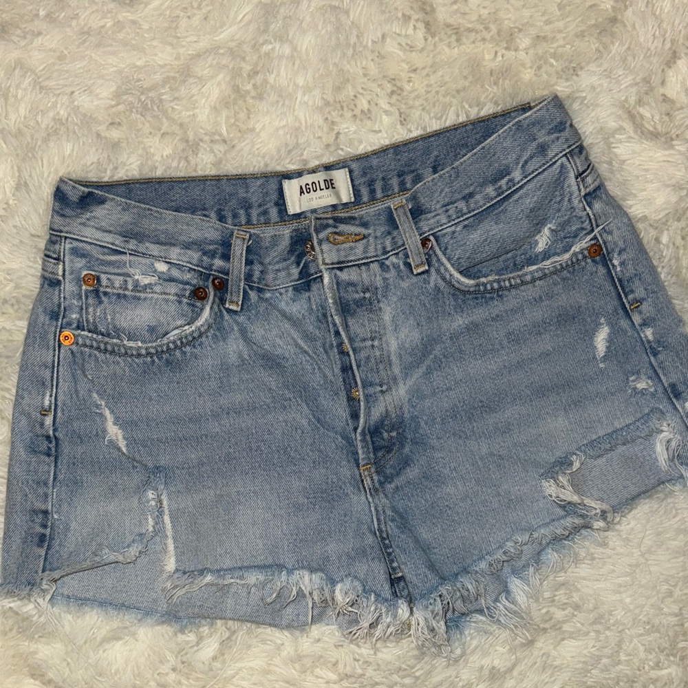 Agolde Light Blue Distressed Jean Shorts